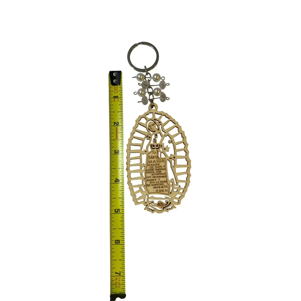 Virgin Mary Santa Maria Wooden Keychain Spanish Prayer Laser Cut Wood Bead Charm